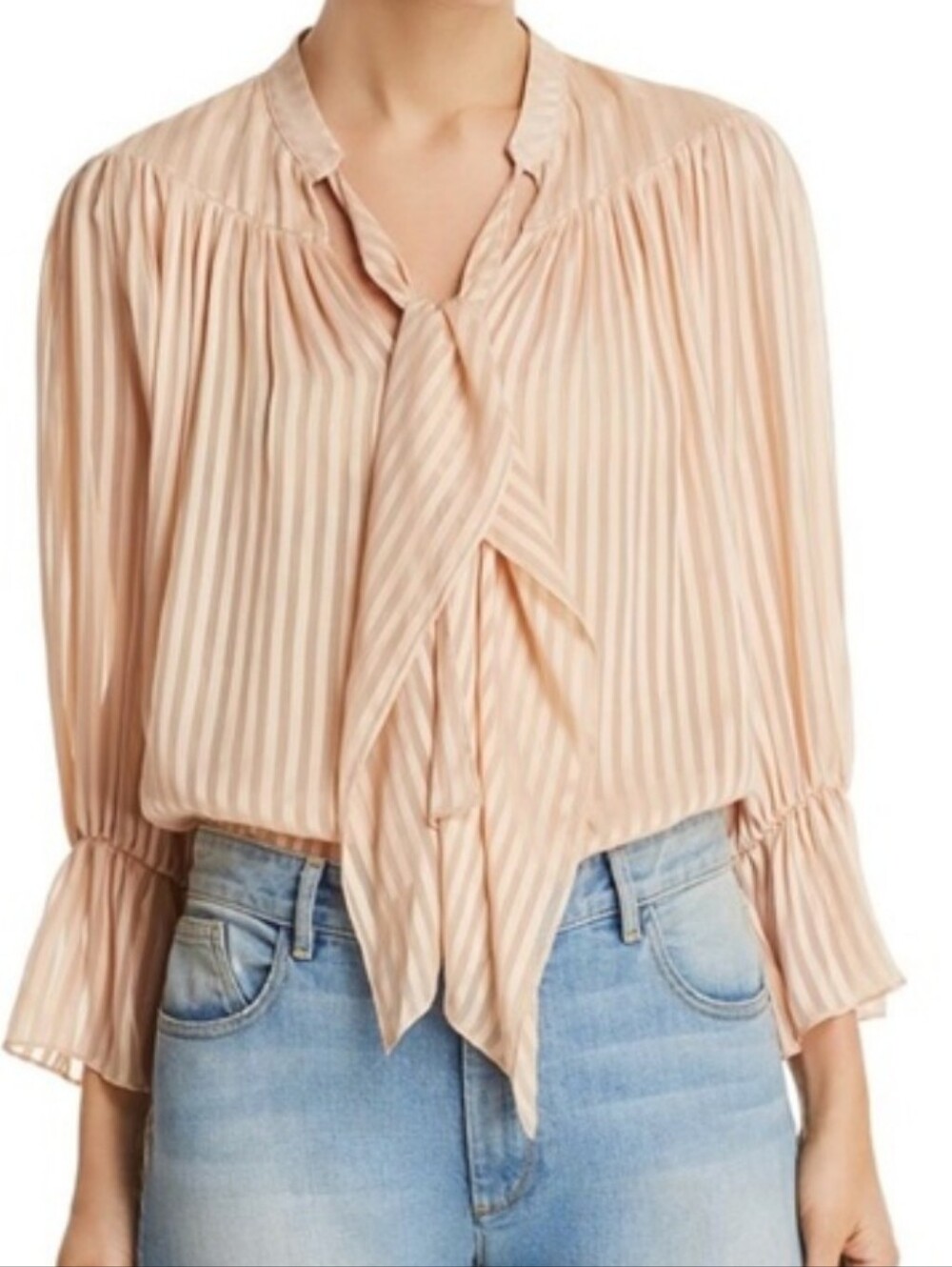 Alice + Olivia Danika Tie Neck Blouse XS Champagne Sheer Silk Striped Bow Top